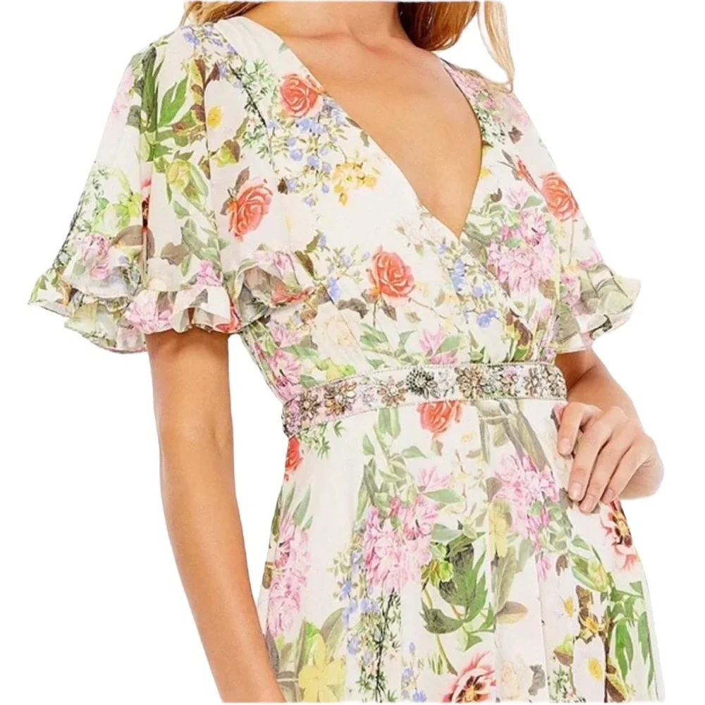 NWT MAC DUGGAL FLORAL V-NECK PLEATED MAXI DRESS Size 4 - Picture 11 of 15